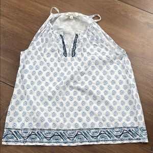 Solitaire cotton embroidered beaded White and Blue Geometric Tank Top, large